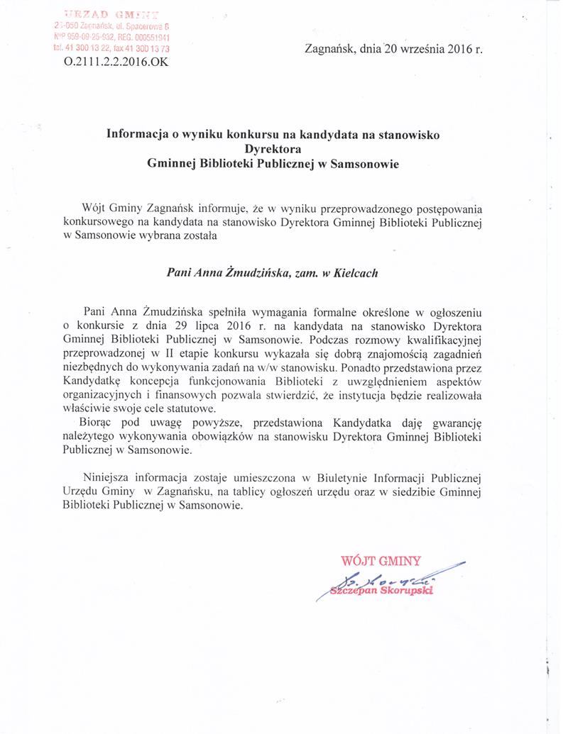 Informacja o wyniku konkursu na stanowisko DYREKTORA Gminnej Biblioteki Publicznej w Samsonowie.