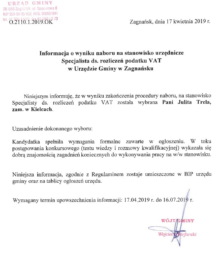 Informacja o wyniku naboru na stanowisko urzędnicze - Specjalista ds. rozliczeń podatku VAT w Urzędzie Gminy w Zagnańsku