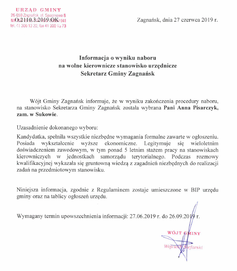 głoszenie naboru na wolne stanowisko urzędnicze – SEKRETARZ GMINY ZAGNAŃSK w Urzędzie Gminy w Zagnańsku.
