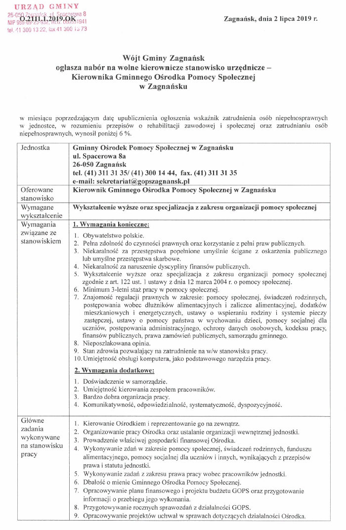 Ogłoszenie naboru na wolne stanowisko kierownicze -Kierownika Gminnego Ośrodka Pomocy Społecznej w Zagnańsku