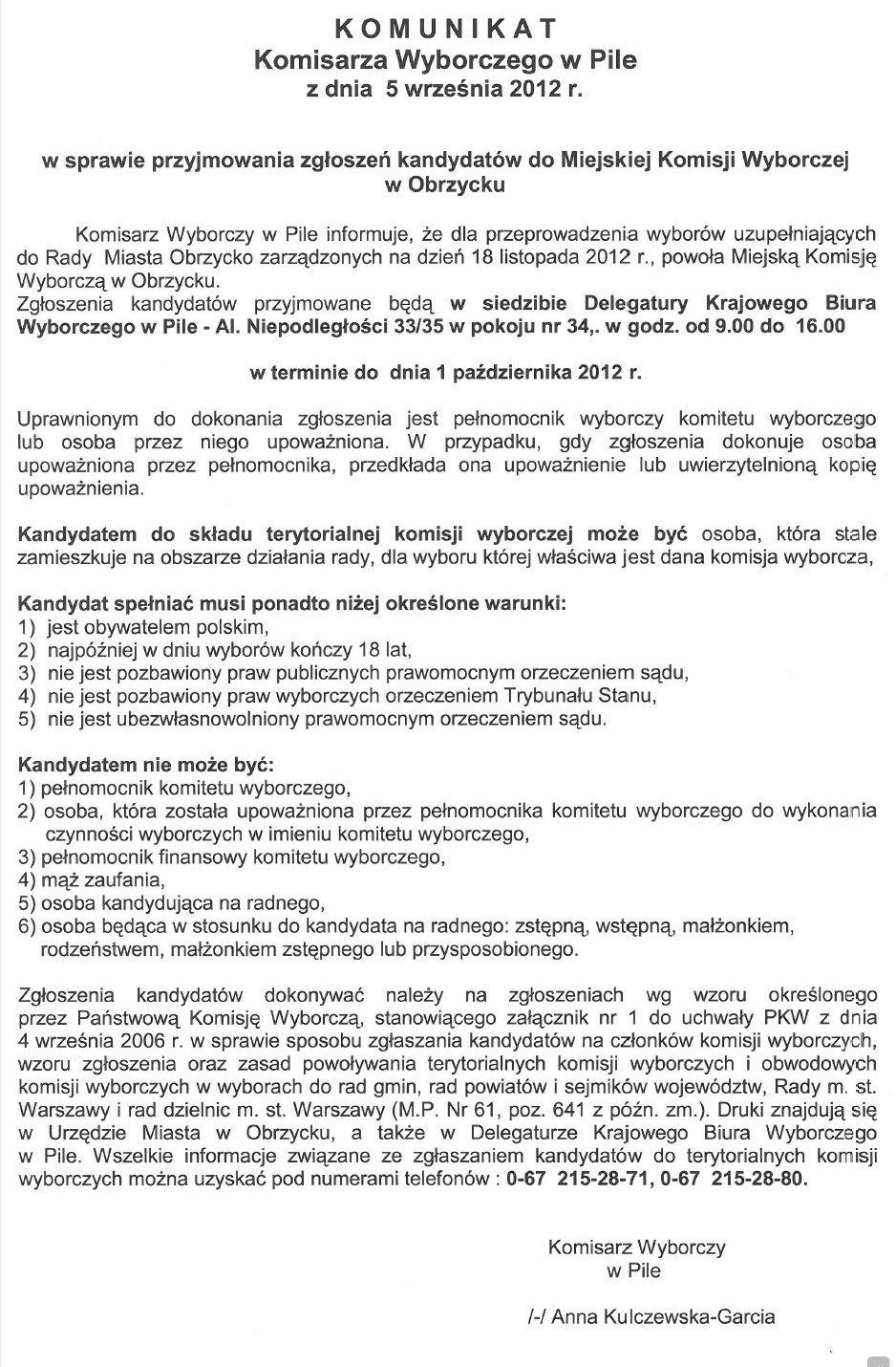 Komunikat Komisarza Wyborczego w Pile w sprawie przyjmowania zgłoszeń kandydatów do Miejskiej Komisji Wyborczej w Obrzycku